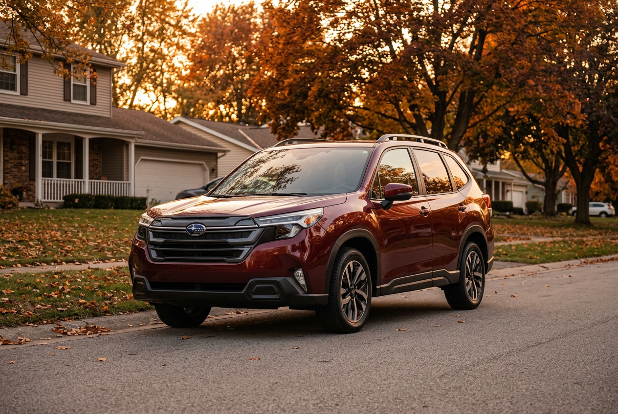 Maroon Subaru SUV parked along a suburban neighborhood street lined with colorful autumn trees. (Representative image for illustration purposes only. Actual vehicle may vary based on trim and configuration.)