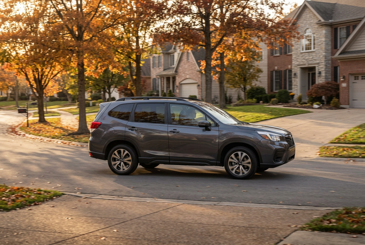 A dark grey Subaru SUV driving down a suburban street lined with autumn trees and houses during golden hour. (Representative image for illustration purposes only. Actual vehicle may vary based on trim and configuration.)