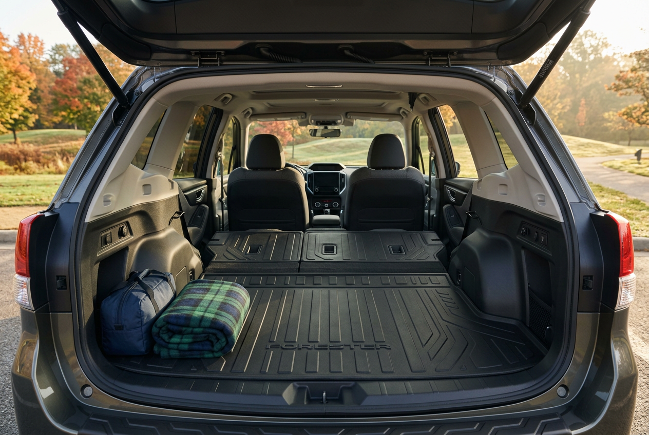 Open trunk of a Subaru Forester SUV with rear seats folded flat, featuring a cargo mat, duffel bag, and plaid blanket. (Representative image for illustration purposes only. Actual vehicle may vary based on trim and configuration.)