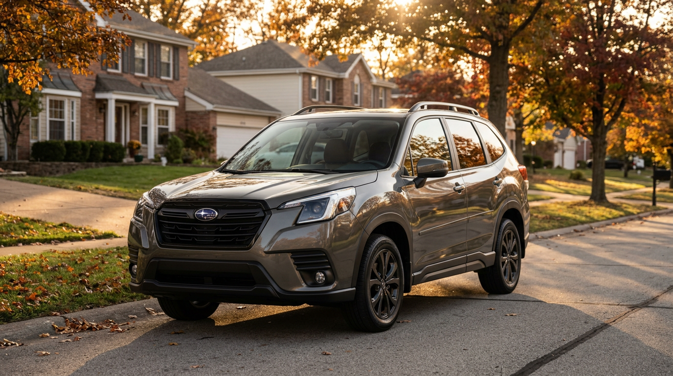 Grey Subaru Forester SUV parked on a quiet residential street surrounded by autumn trees bathed in afternoon sunlight. (Representative image for illustration purposes only. Actual vehicle may vary based on trim and configuration.)
