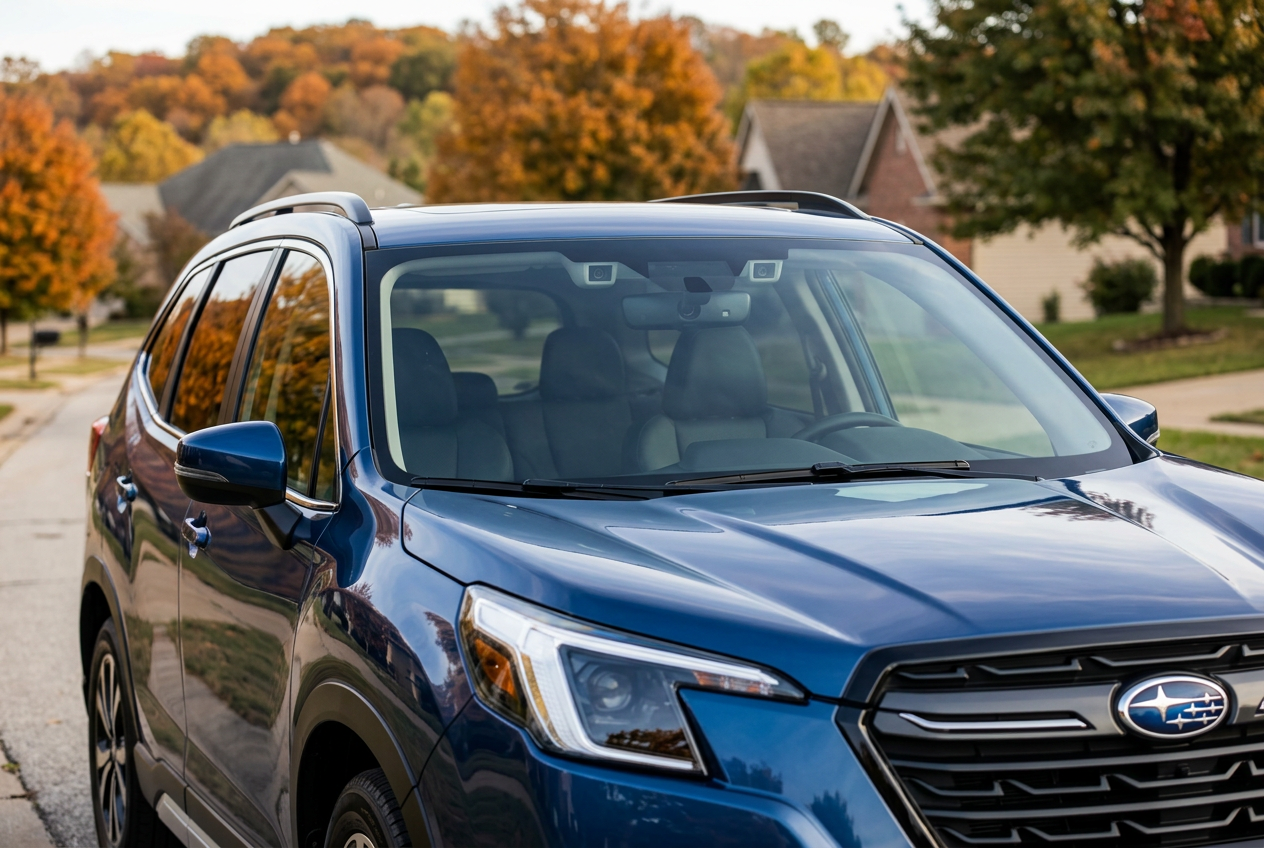 Front view of a blue Subaru SUV parked on a residential street surrounded by autumn foliage. (Representative image for illustration purposes only. Actual vehicle may vary based on trim and configuration.)
