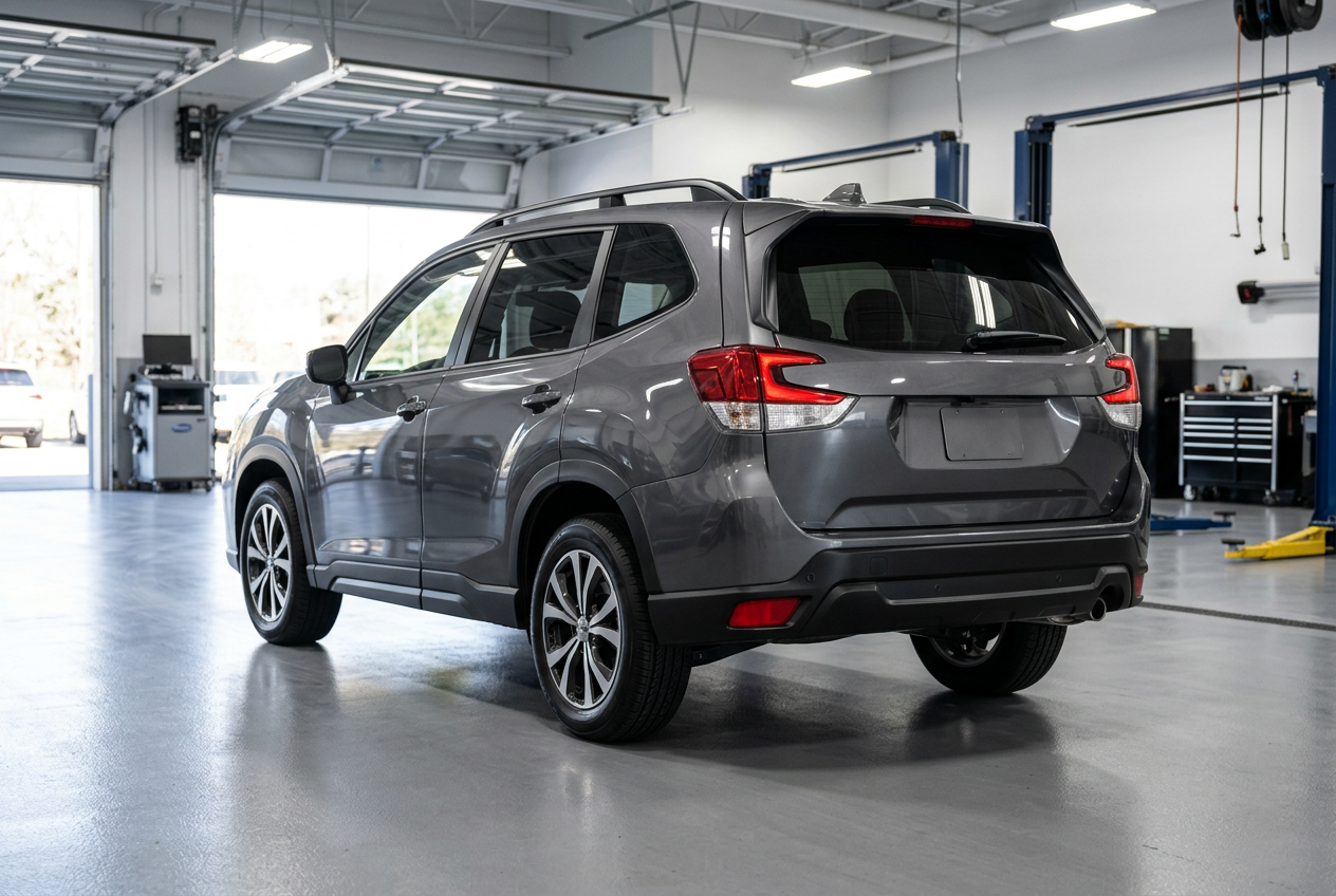 Rear three-quarter view of a dark grey SUV parked inside a clean, modern automotive service garage. (Representative image for illustration purposes only. Actual vehicle may vary based on trim and configuration.)