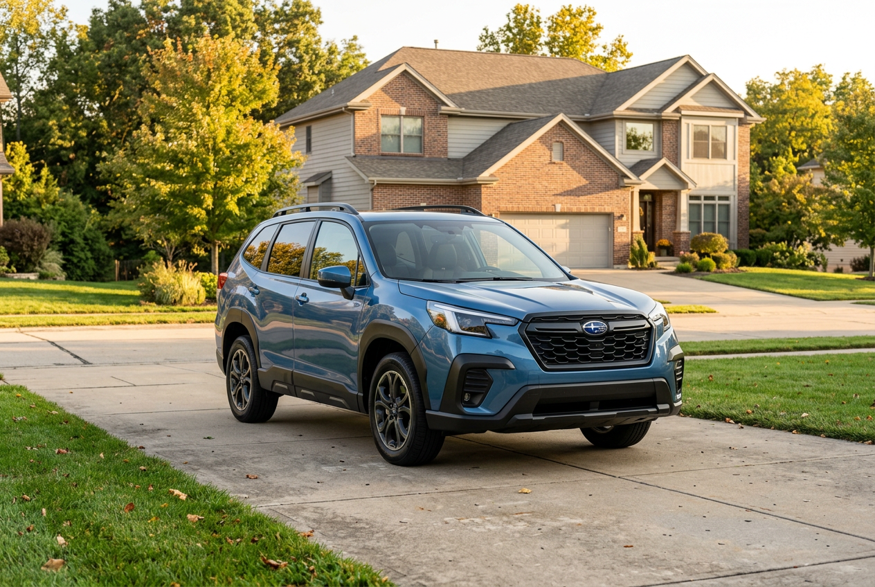 Blue Subaru Forester parked on a concrete driveway in front of a suburban home at sunset. (Representative image for illustration purposes only. Actual vehicle may vary based on trim and configuration.)