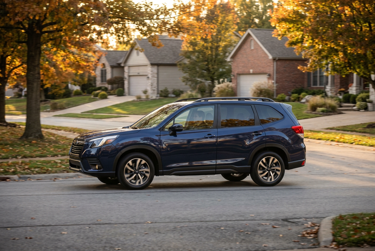 Dark blue Subaru SUV driving on a suburban street surrounded by vibrant autumn trees and houses. (Representative image for illustration purposes only. Actual vehicle may vary based on trim and configuration.)