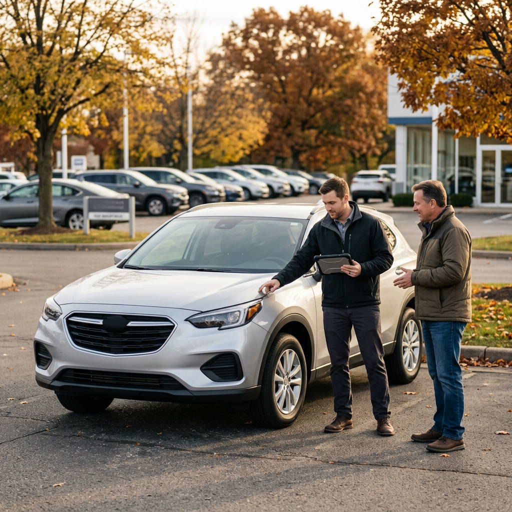 A car dealership representative holding a tablet points to a silver SUV while talking to a customer outside. (Representative image for illustration purposes only. Actual vehicle may vary based on trim and configuration.)