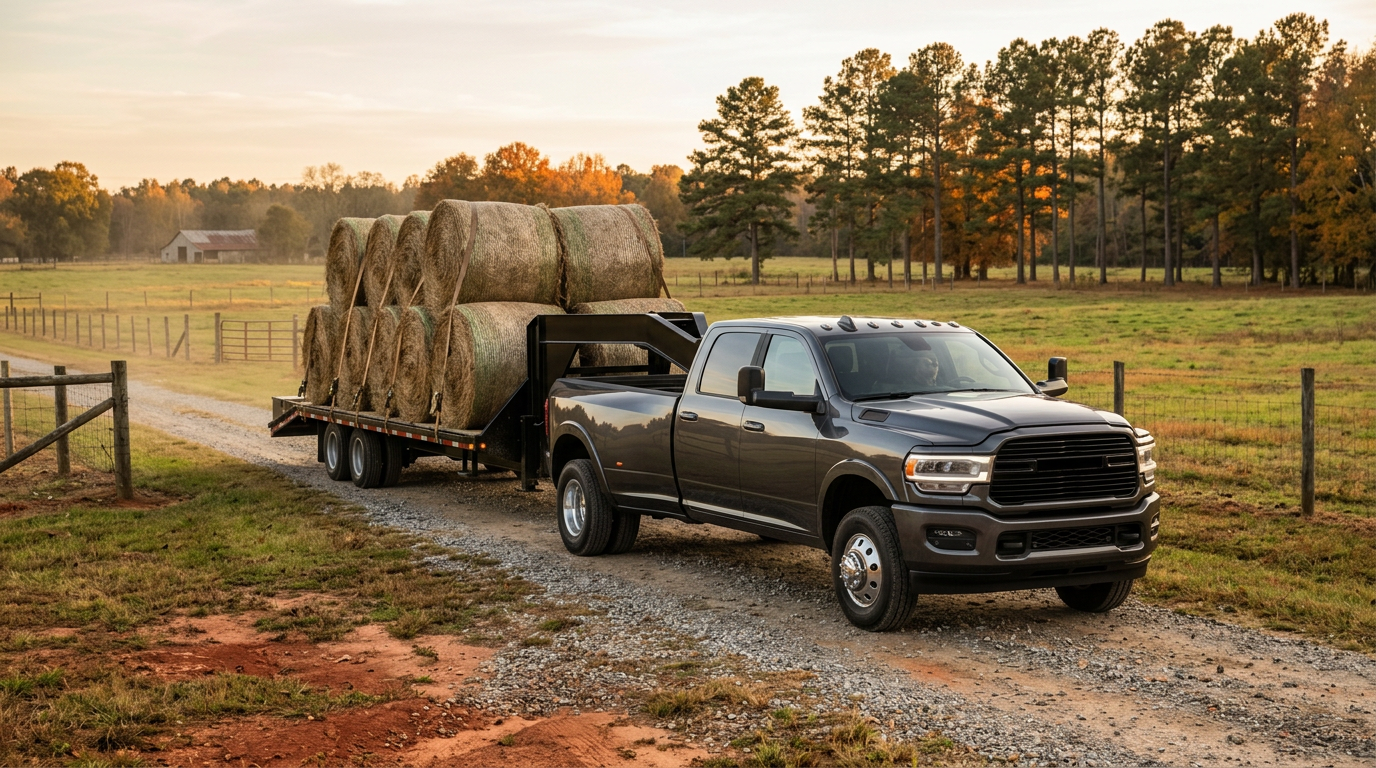Dark gray heavy-duty dually pickup truck towing a trailer stacked with round hay bales on a rural farm road. (Representative image for illustration purposes only. Actual vehicle may vary based on trim and configuration.)
