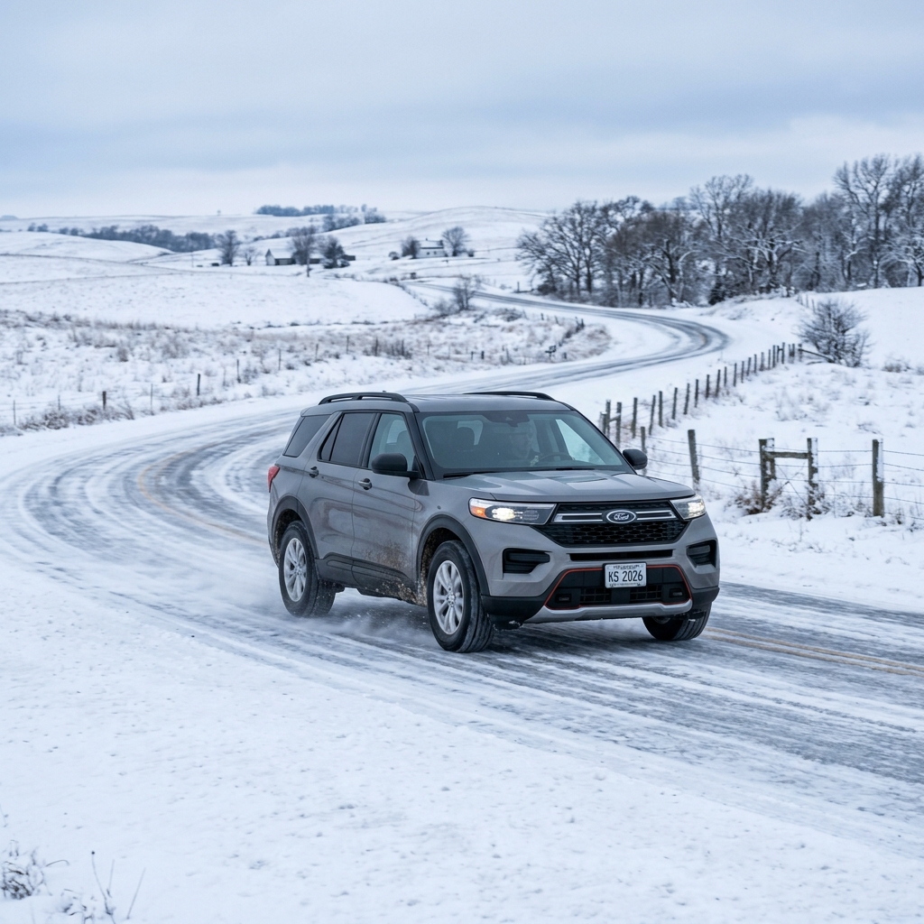 A grey Ford Explorer SUV driving along a winding, snow-covered rural road during winter. (Representative image for illustration purposes only. Actual vehicle may vary based on trim and configuration.)