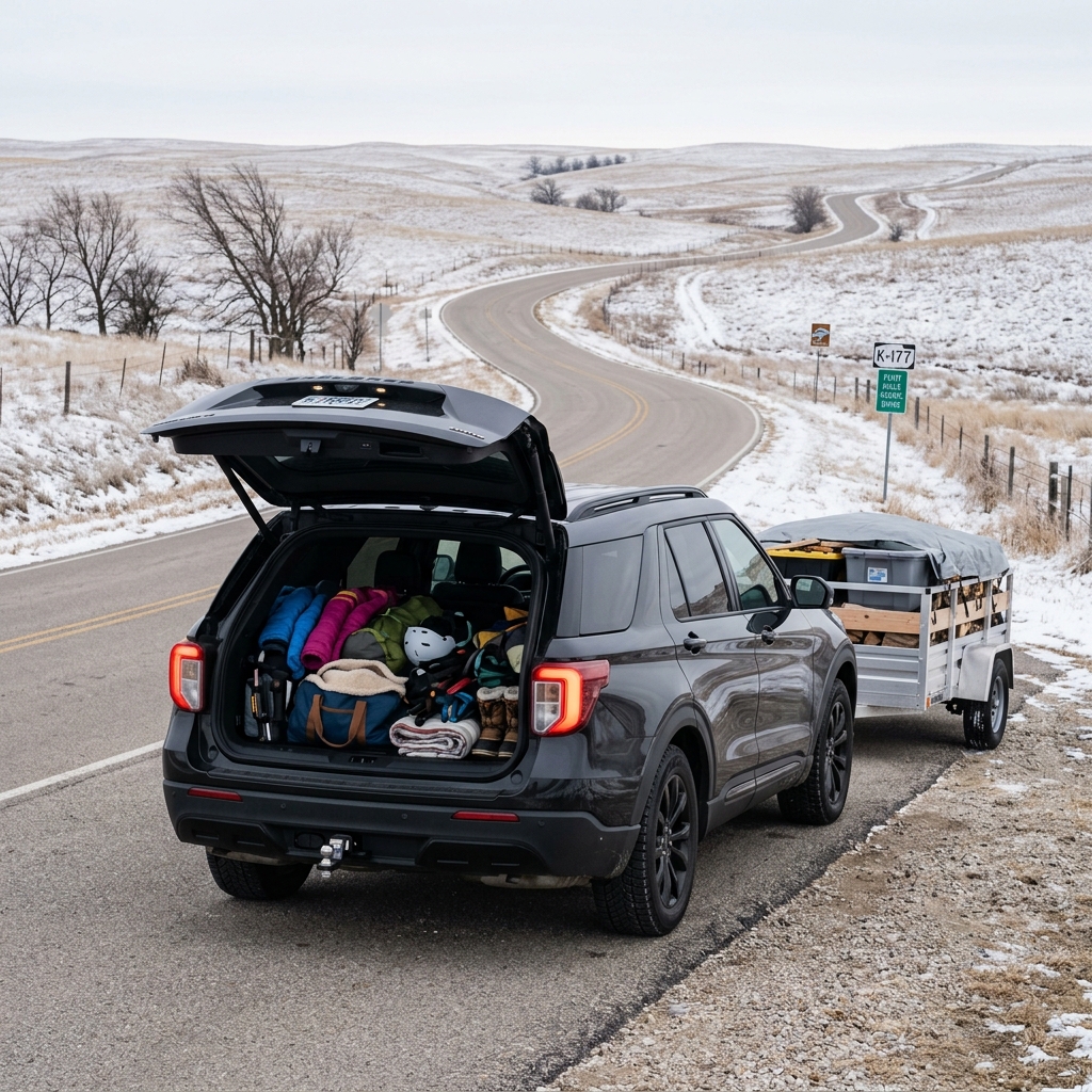 Black SUV parked on a snowy road shoulder with open trunk full of camping gear and a small trailer attached. (Representative image for illustration purposes only. Actual vehicle may vary based on trim and configuration.)