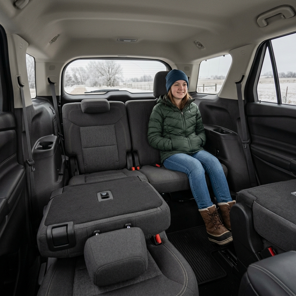 A young woman in winter clothes sits smiling in the spacious third-row seating of a modern SUV. (Representative image for illustration purposes only. Actual vehicle may vary based on trim and configuration.)