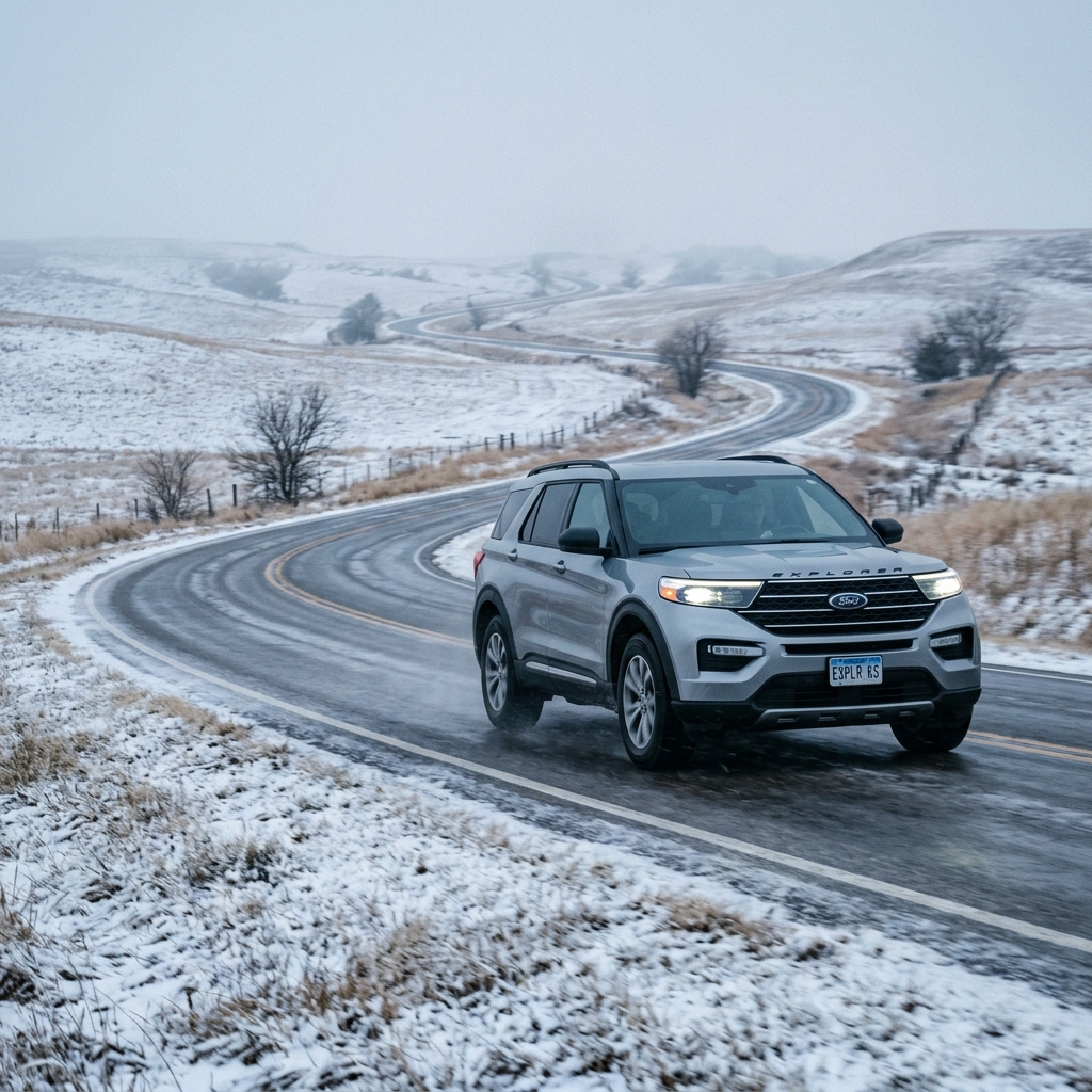 Silver Ford Explorer driving along a winding asphalt road through a snowy winter landscape. (Representative image for illustration purposes only. Actual vehicle may vary based on trim and configuration.)