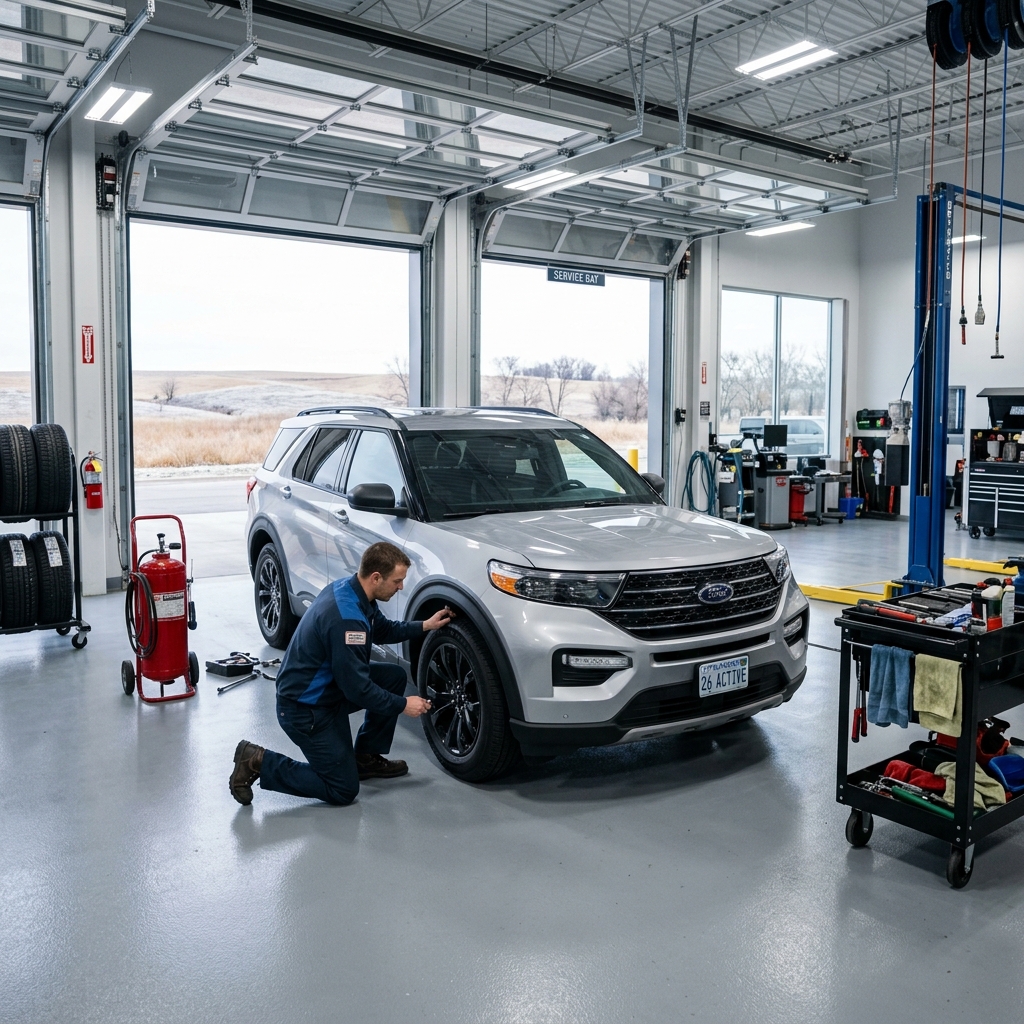 Mechanic kneeling to inspect the front wheel of a silver Ford Explorer in a modern auto service bay. (Representative image for illustration purposes only. Actual vehicle may vary based on trim and configuration.)