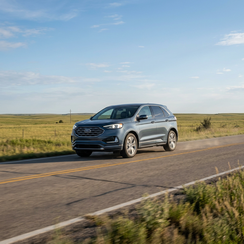 A blue Ford Edge SUV driving down a two-lane rural paved road past open grassy fields. (Representative image for illustration purposes only. Actual vehicle may vary based on trim and configuration.)