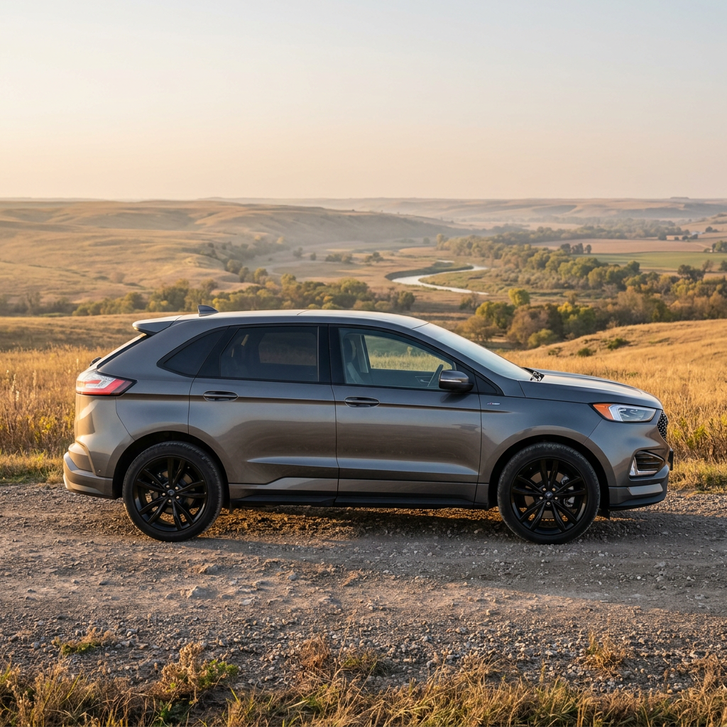 Side profile of a dark gray SUV parked on a dirt trail overlooking scenic rolling hills at sunset. (Representative image for illustration purposes only. Actual vehicle may vary based on trim and configuration.)