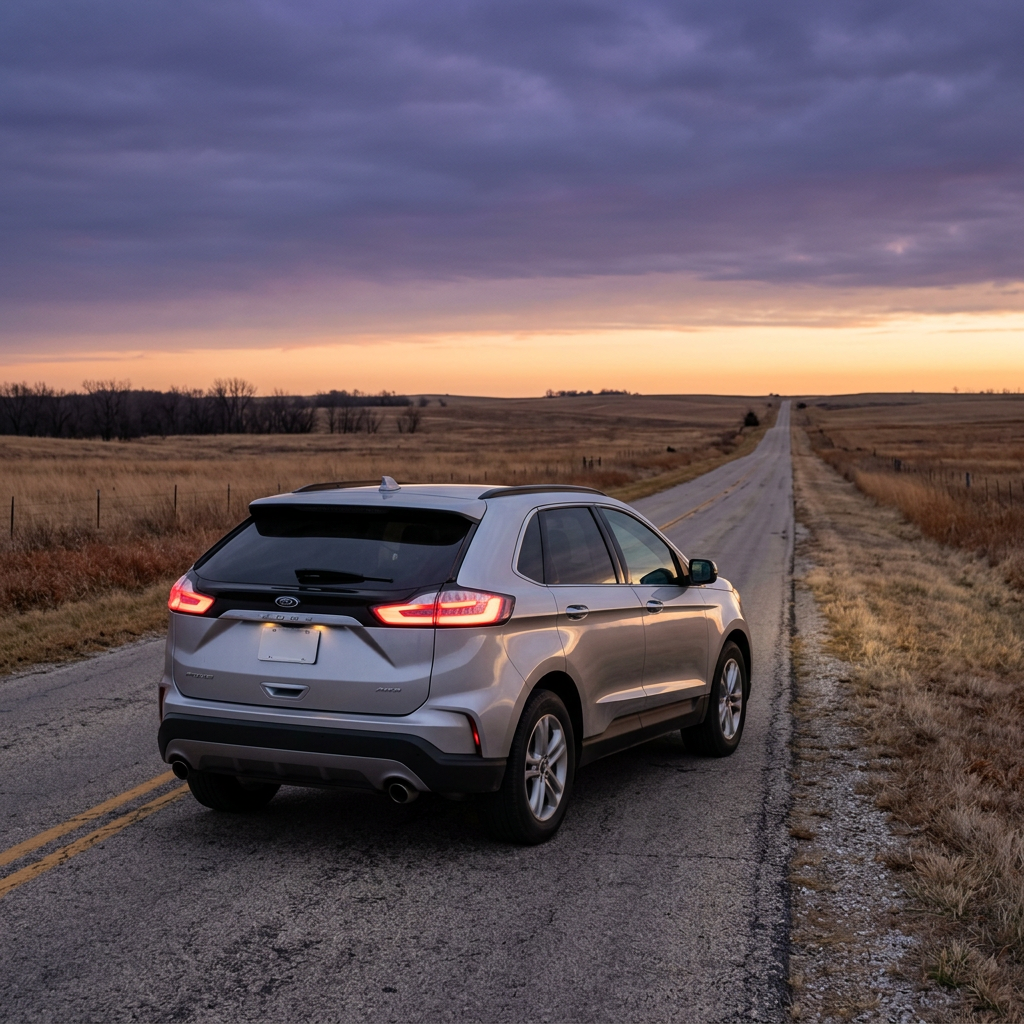 Rear view of a silver SUV parked on a long rural highway against a purple and orange sunset sky. (Representative image for illustration purposes only. Actual vehicle may vary based on trim and configuration.)