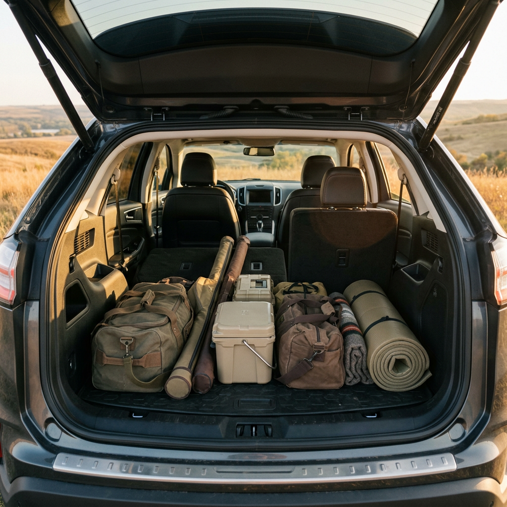 Open SUV trunk packed neatly with duffel bags, a beige cooler, and a rolled sleeping mat in a rural landscape. (Representative image for illustration purposes only. Actual vehicle may vary based on trim and configuration.)