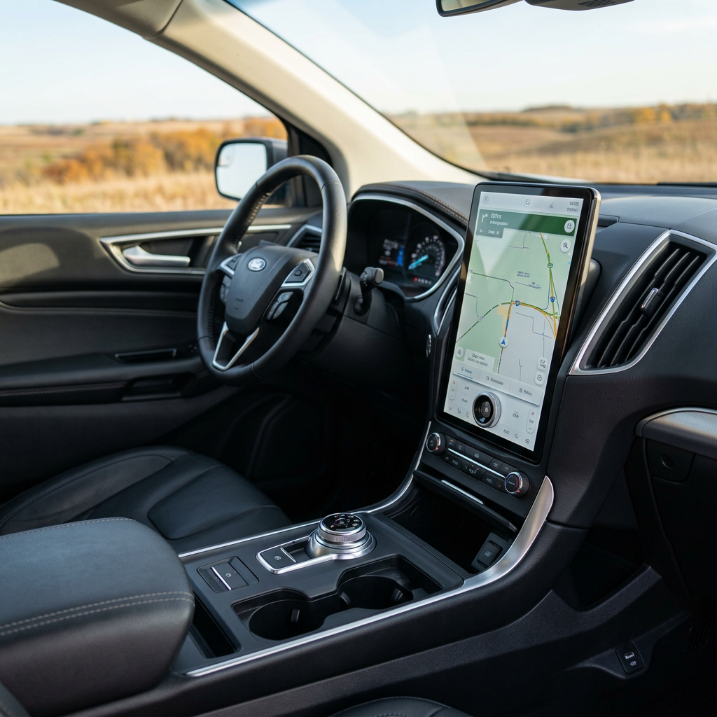 Driver seat view of a modern Ford interior with a large vertical touchscreen navigation display and rotary gear selector. (Representative image for illustration purposes only. Actual vehicle may vary based on trim and configuration.)