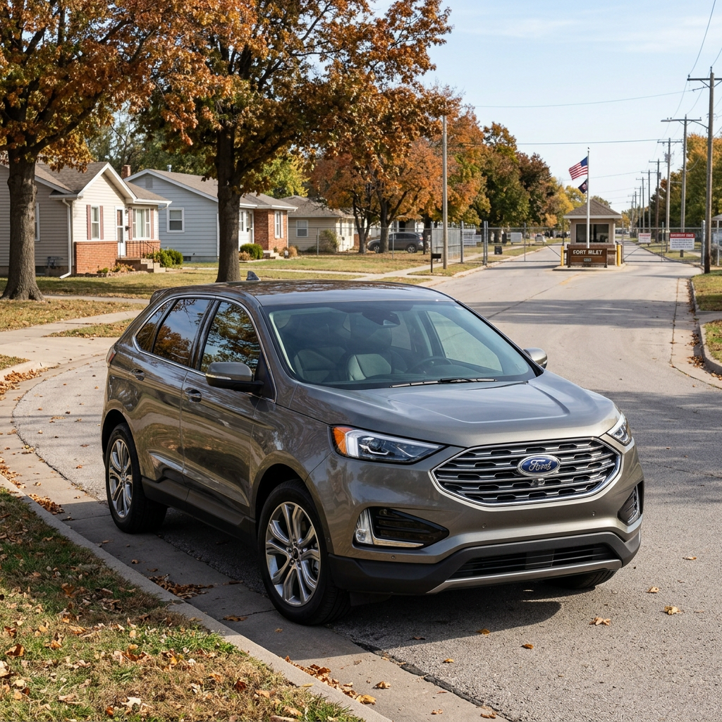 Metallic grey Ford Edge SUV parked on a residential street corner during autumn near Fort Riley entrance. (Representative image for illustration purposes only. Actual vehicle may vary based on trim and configuration.)