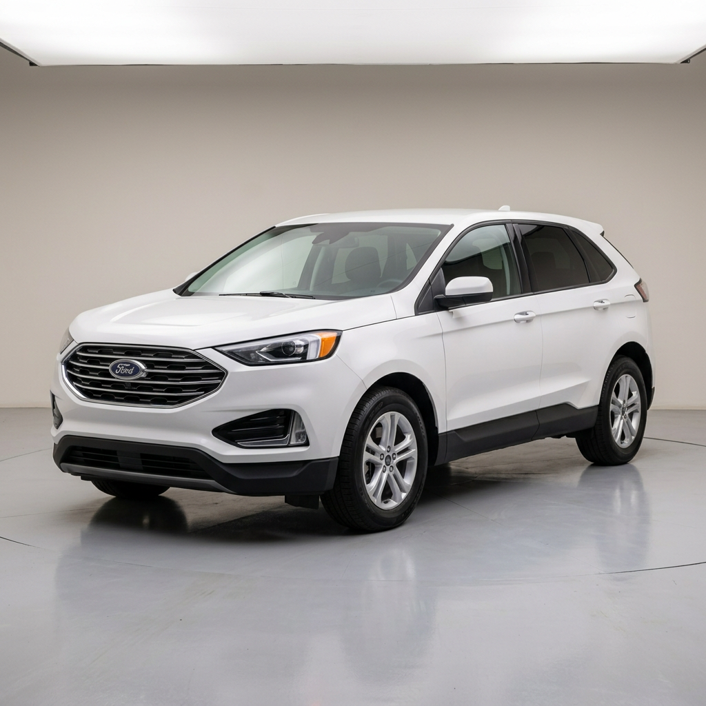 White Ford Edge crossover SUV displayed at a three-quarter front angle in a studio light booth. (Representative image for illustration purposes only. Actual vehicle may vary based on trim and configuration.)