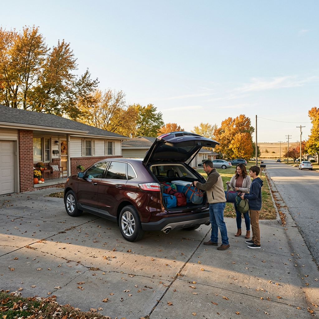 Family loading duffel bags and luggage into the trunk of a red SUV in a suburban driveway during autumn. (Representative image for illustration purposes only. Actual vehicle may vary based on trim and configuration.)