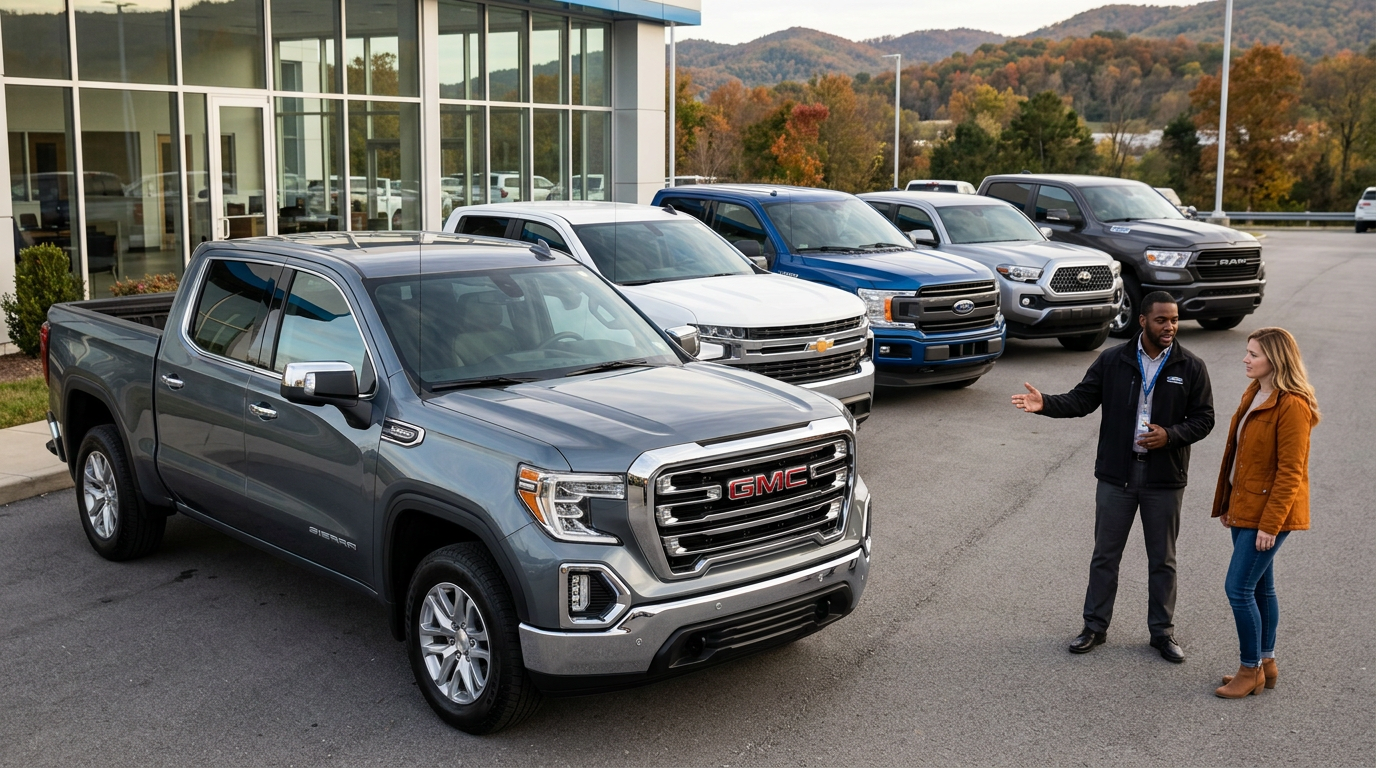 A car salesman talks to a woman in front of a lineup of pickup trucks parked outside a dealership. (Representative image for illustration purposes only. Actual vehicle may vary based on trim and configuration.)