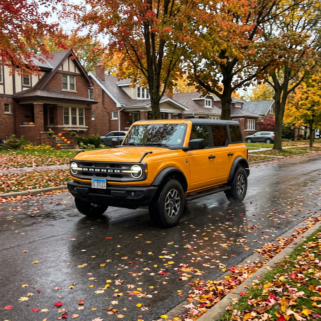 A yellow Ford Bronco driving along a wet residential street covered in colorful autumn leaves. (Representative image for illustration purposes only. Actual vehicle may vary based on trim and configuration.)