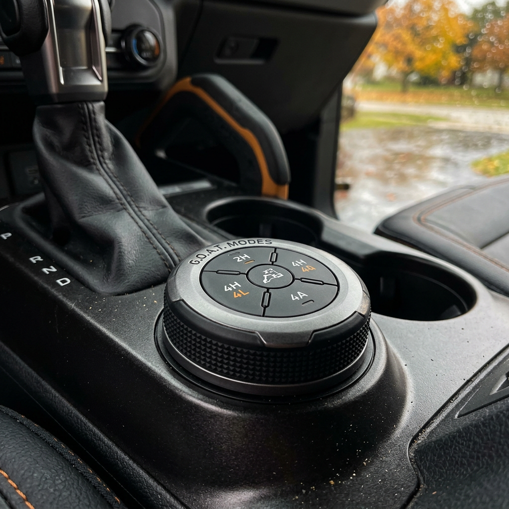 Close-up of the G.O.A.T. Modes drive selector dial and gear shifter inside a Ford Bronco interior. (Representative image for illustration purposes only. Actual vehicle may vary based on trim and configuration.)