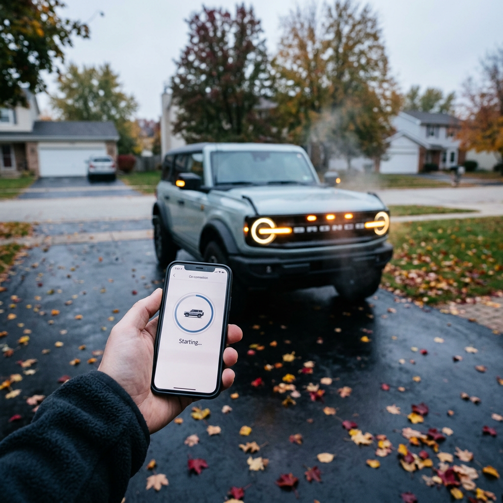 A hand holds a smartphone displaying a starting screen in front of a Ford Bronco on a wet autumn driveway. (Representative image for illustration purposes only. Actual vehicle may vary based on trim and configuration.)