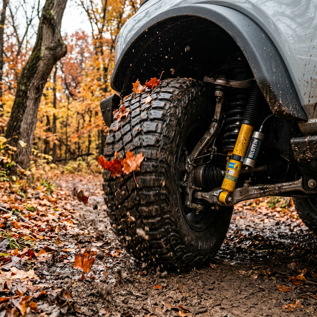 Close-up of an off-road tire spraying leaves and mud while driving on a trail with visible Bilstein suspension. (Representative image for illustration purposes only. Actual vehicle may vary based on trim and configuration.)