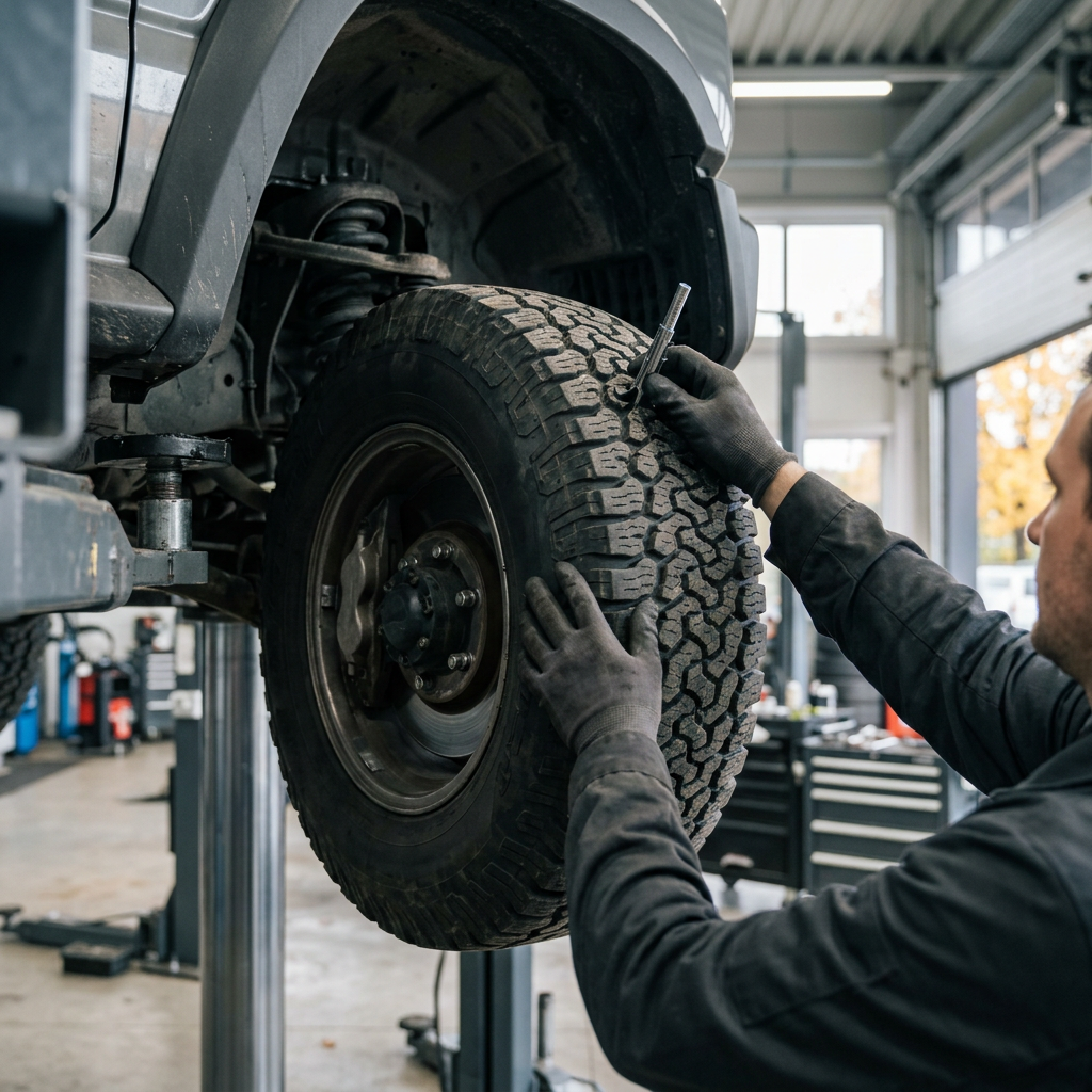 Mechanic using a depth gauge to measure the tread on a large off-road tire in a repair shop. (Representative image for illustration purposes only. Actual vehicle may vary based on trim and configuration.)