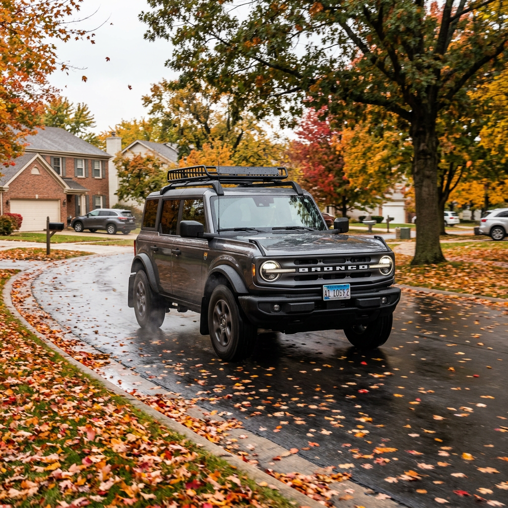 Dark gray Ford Bronco with roof rack driving along a wet suburban road scattered with colorful autumn leaves. (Representative image for illustration purposes only. Actual vehicle may vary based on trim and configuration.)
