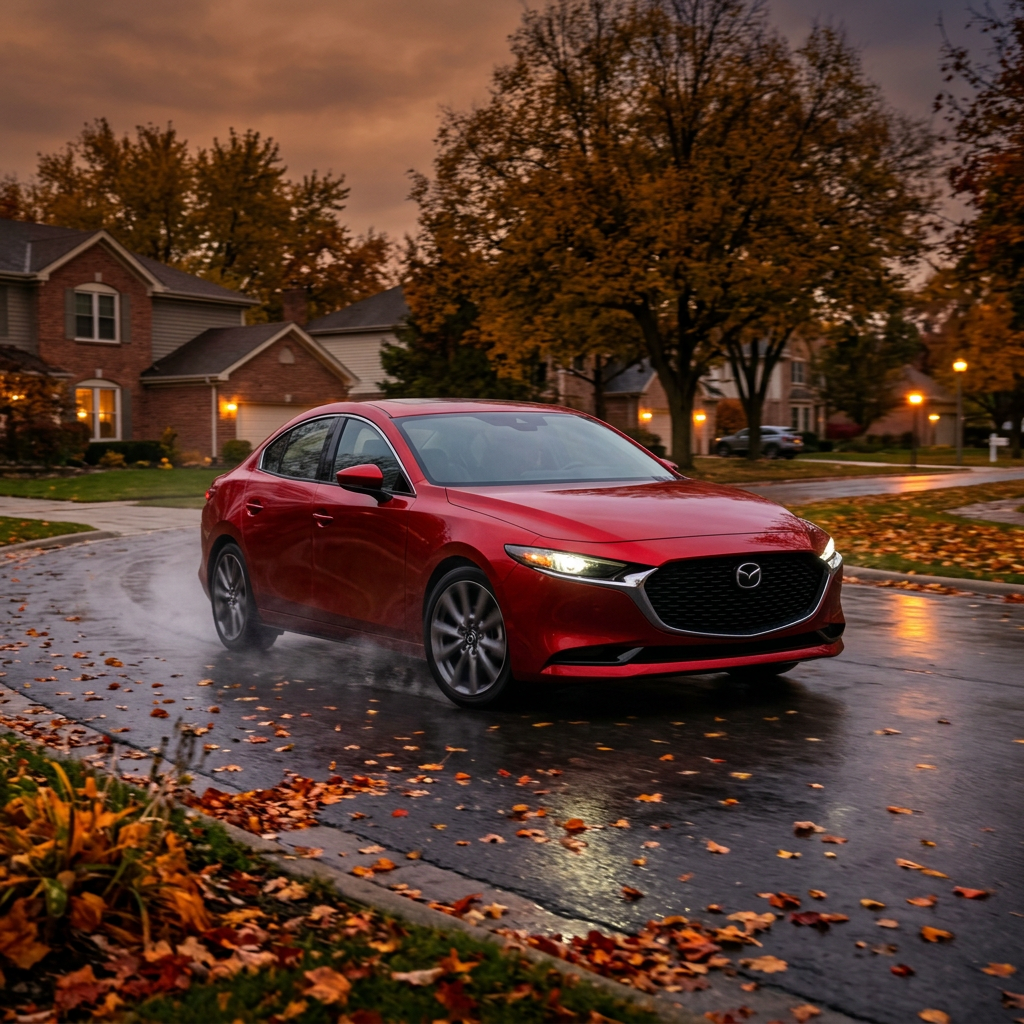 Red Mazda sedan driving along a wet suburban street covered in autumn leaves at twilight. (Representative image for illustration purposes only. Actual vehicle may vary based on trim and configuration.)