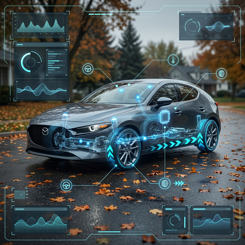 A grey car parked on a wet street with holographic blue HUD overlays showing internal mechanics and telemetry data. (Representative image for illustration purposes only. Actual vehicle may vary based on trim and configuration.)