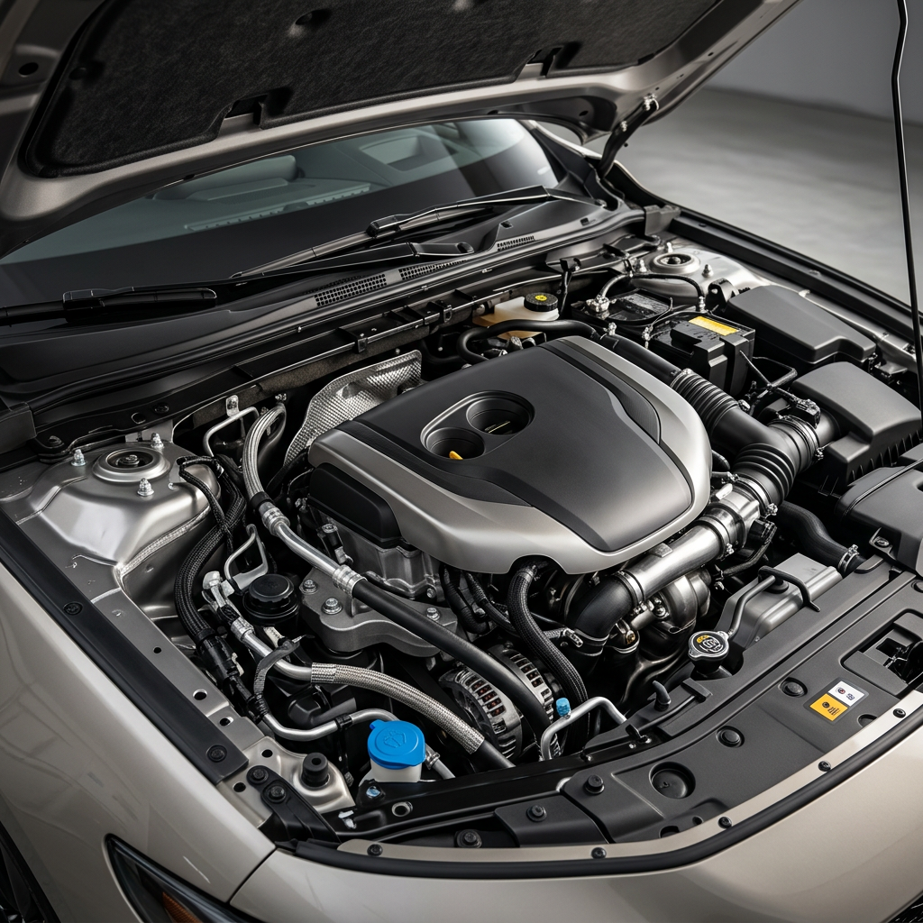 Open hood of a modern automobile showing a clean engine compartment with a black and silver engine cover. (Representative image for illustration purposes only. Actual vehicle may vary based on trim and configuration.)