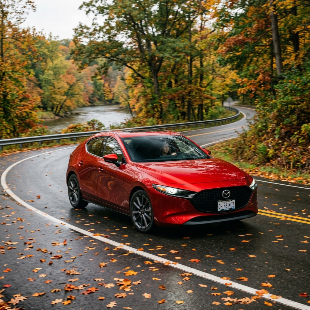 Red Mazda hatchback driving on a wet, leaf-strewn winding road surrounded by colorful autumn foliage. (Representative image for illustration purposes only. Actual vehicle may vary based on trim and configuration.)