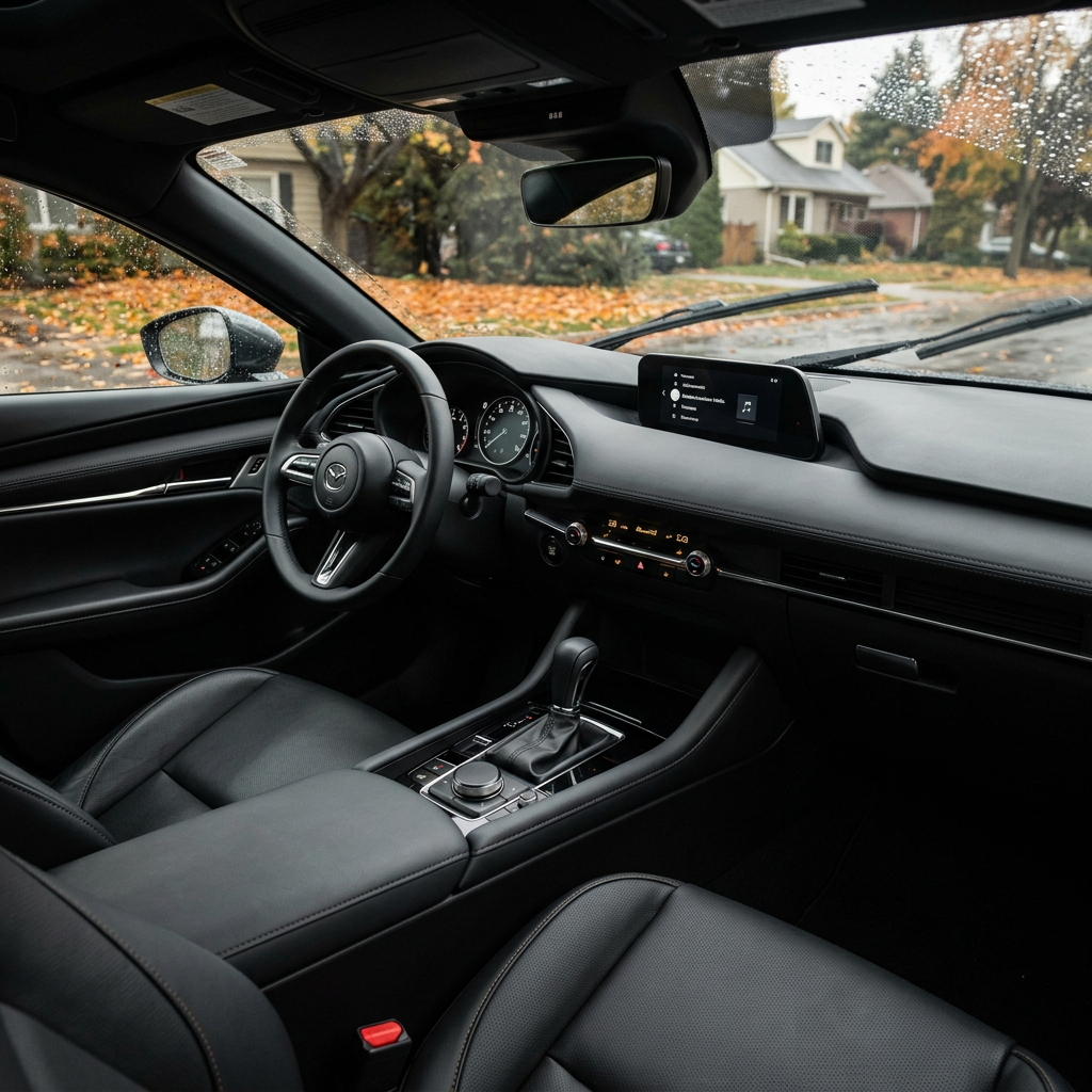 Modern black leather car interior featuring a dashboard, steering wheel, and infotainment screen on a rainy autumn day. (Representative image for illustration purposes only. Actual vehicle may vary based on trim and configuration.)
