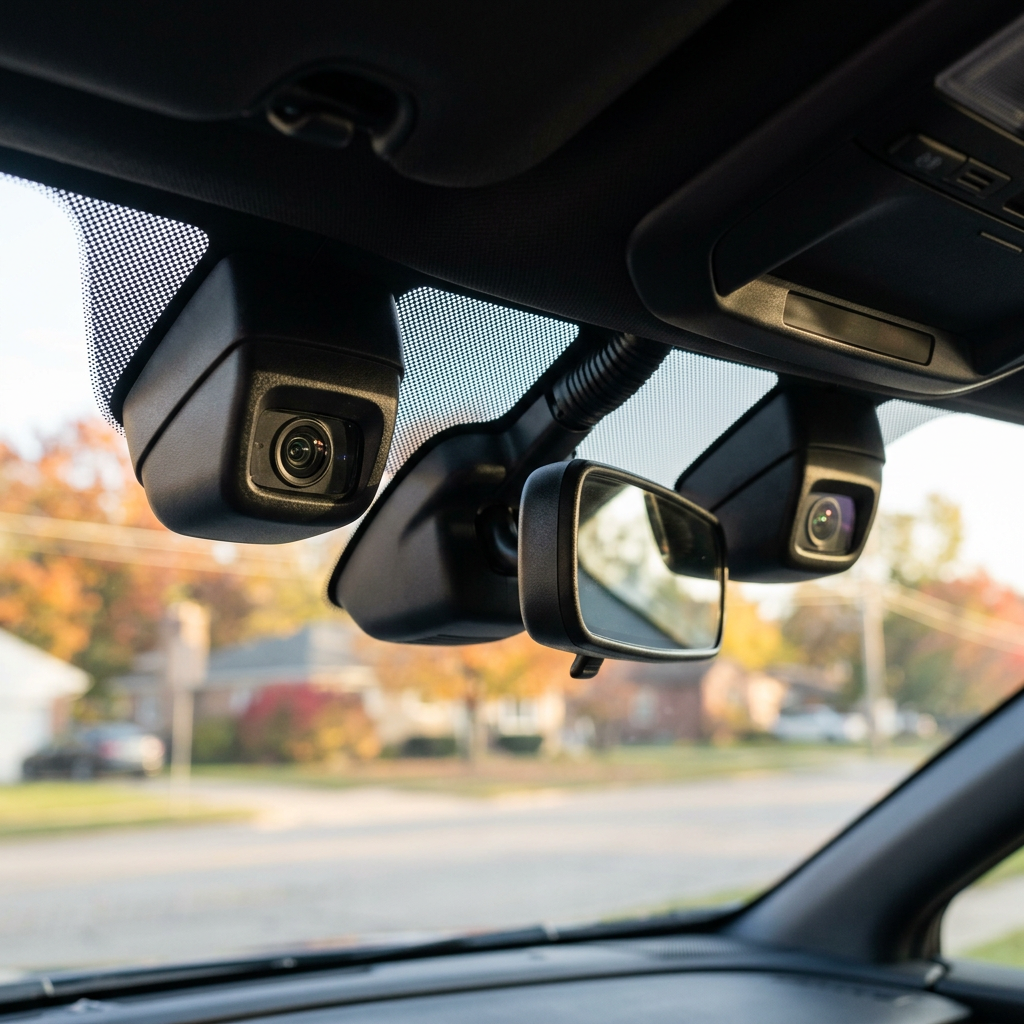 Interior view of a car windshield featuring dual stereo driver-assist cameras mounted near the rear-view mirror. (Representative image for illustration purposes only. Actual vehicle may vary based on trim and configuration.)