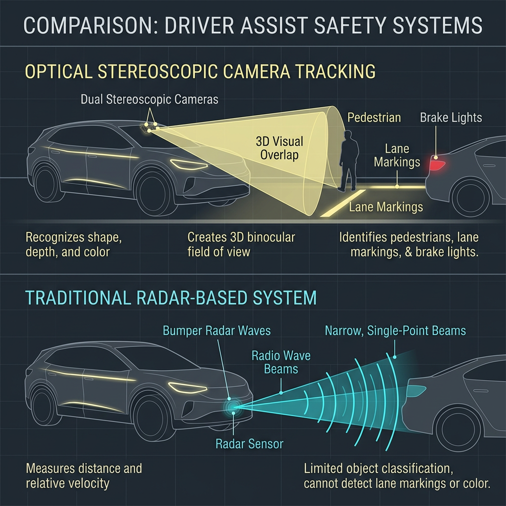 Infographic comparing optical stereoscopic camera tracking with traditional radar-based driver assist systems. (Representative image for illustration purposes only. Actual vehicle may vary based on trim and configuration.)