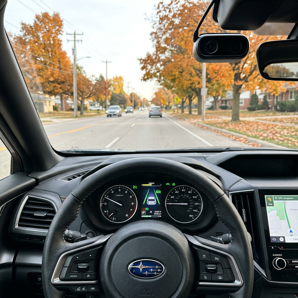Driver's perspective inside a Subaru car driving down a suburban street with colorful autumn trees. (Representative image for illustration purposes only. Actual vehicle may vary based on trim and configuration.)