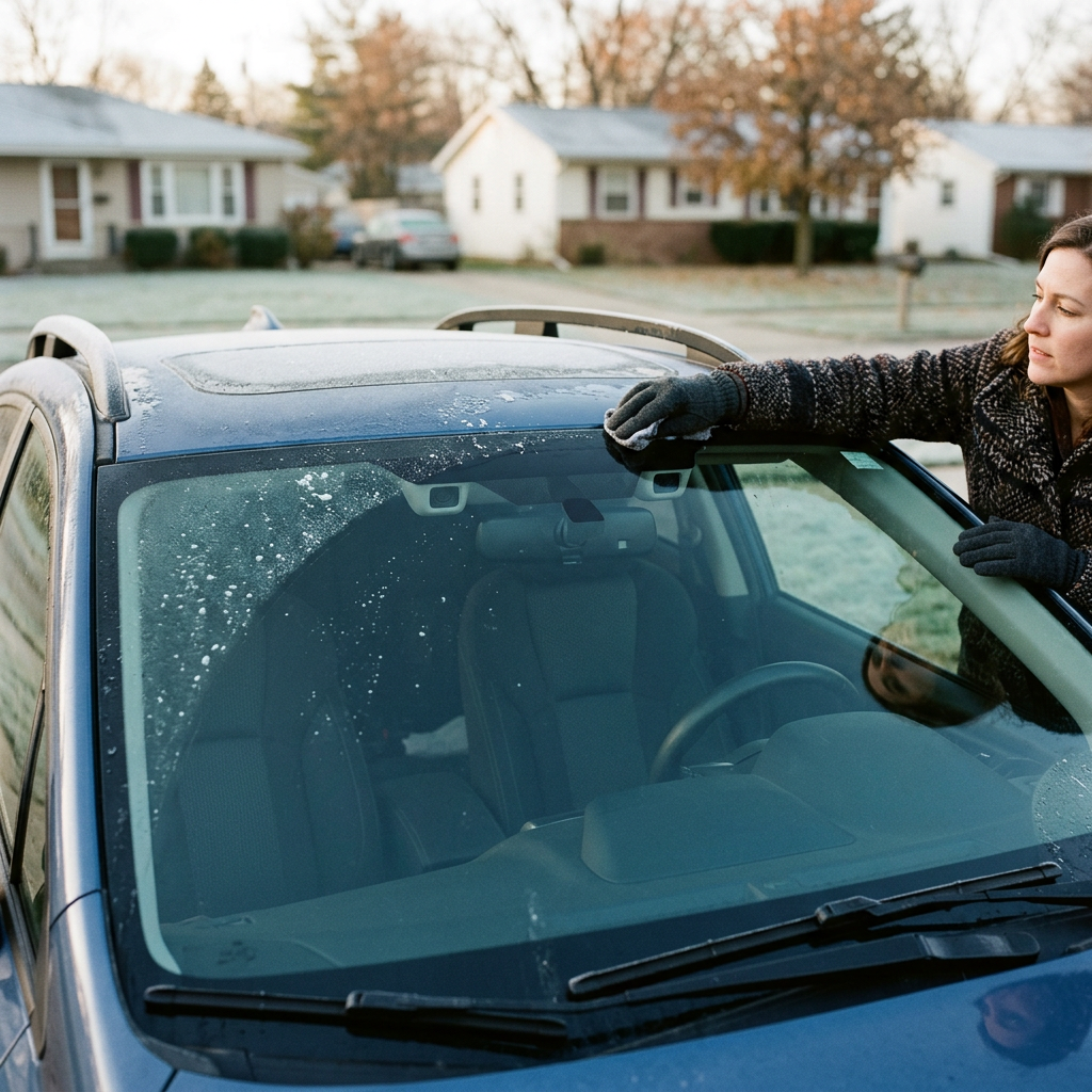 A woman wearing gloves wipes frost and ice off the front windshield of a blue car on a cold morning. (Representative image for illustration purposes only. Actual vehicle may vary based on trim and configuration.)
