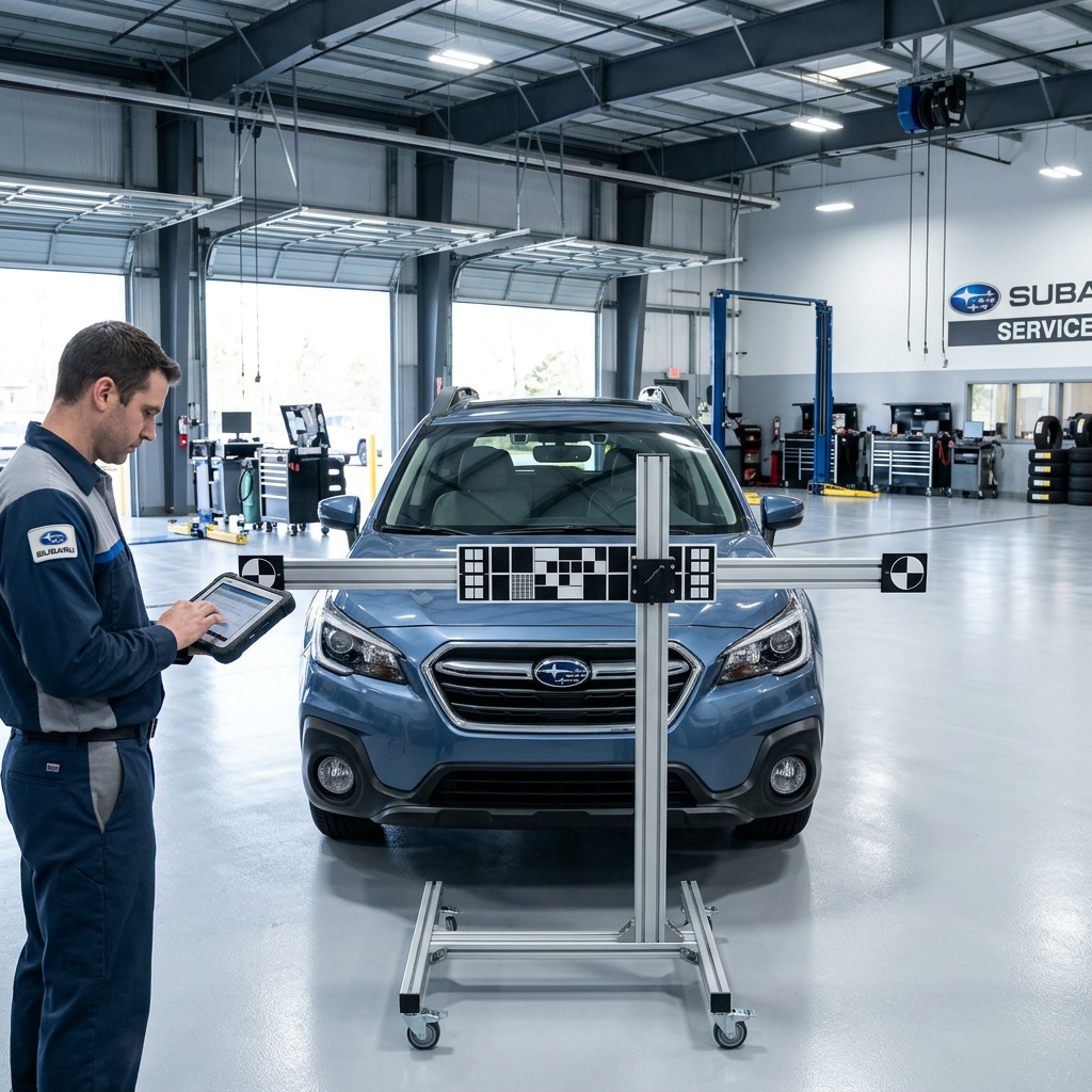 A Subaru technician uses a diagnostic tablet to align a calibration target in front of a blue SUV in a service bay. (Representative image for illustration purposes only. Actual vehicle may vary based on trim and configuration.)