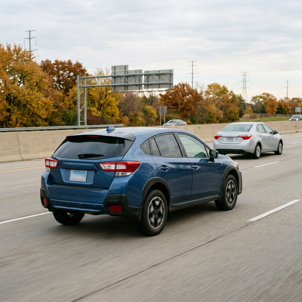 A blue hatchback car driving along a multi-lane highway with autumn trees in the background. (Representative image for illustration purposes only. Actual vehicle may vary based on trim and configuration.)