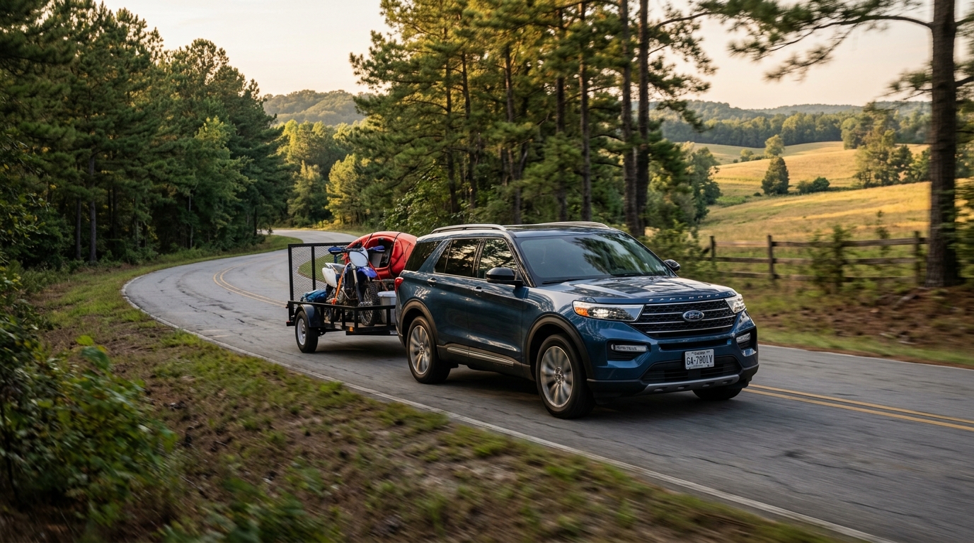 Blue Ford Explorer driving on a rural road while towing a trailer with a dirt bike and kayak. (Representative image for illustration purposes only. Actual vehicle may vary based on trim and configuration.)