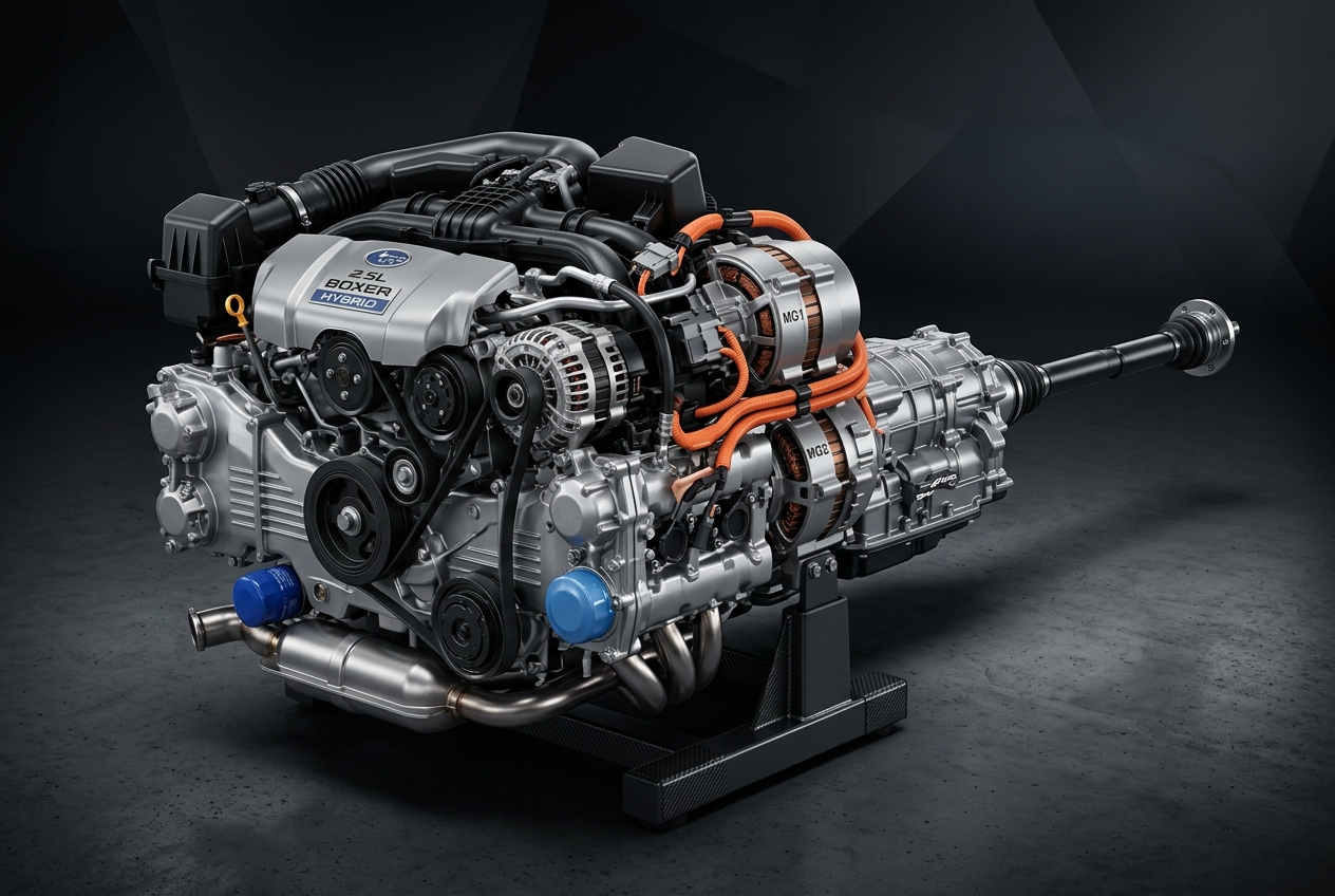 Subaru 2.5L Boxer Hybrid engine and transmission assembly with motor generators MG1 and MG2 exposed. (Representative image for illustration purposes only. Actual vehicle may vary based on trim and configuration.)