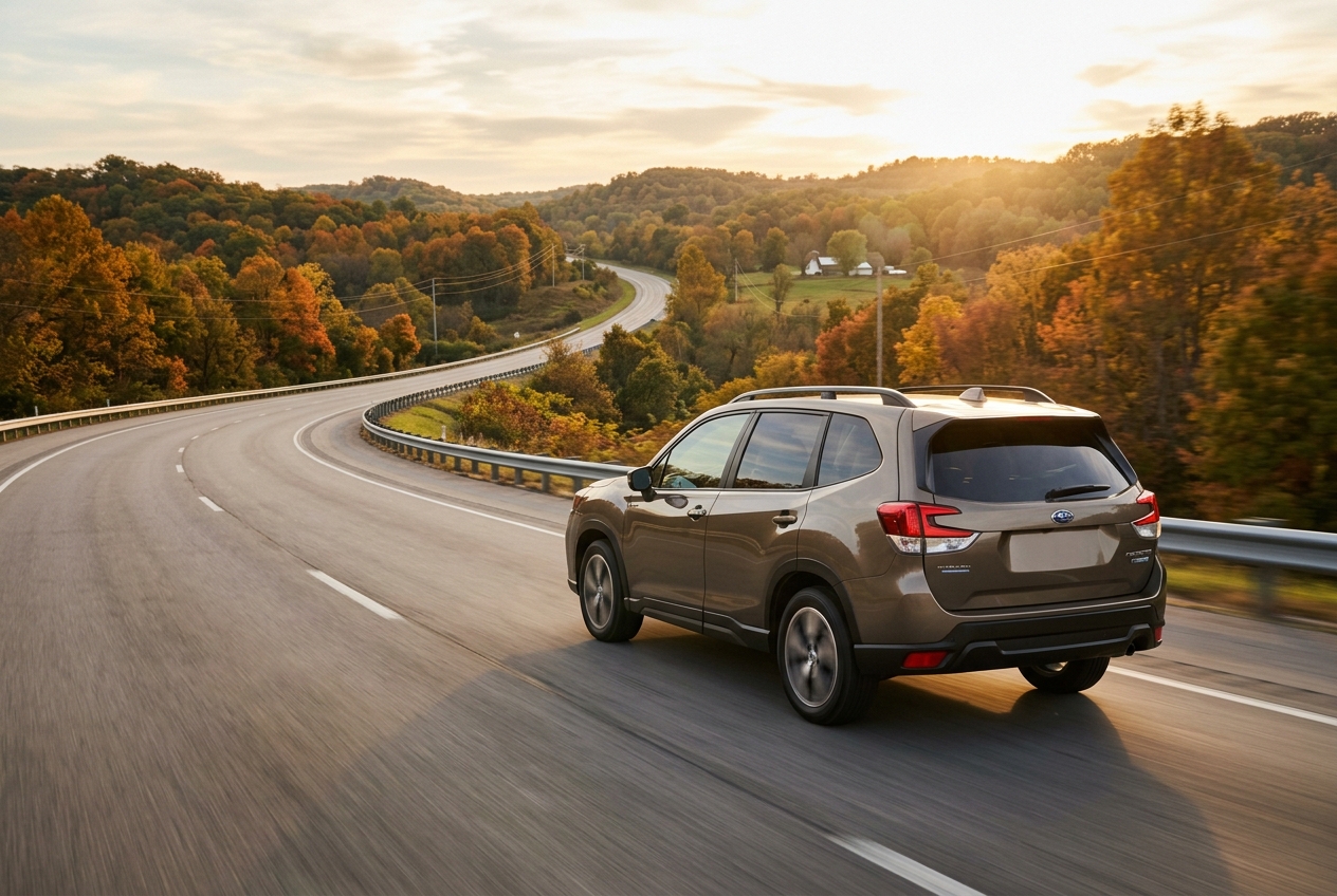 Bronze SUV driving along a winding highway surrounded by colorful autumn foliage during sunset. (Representative image for illustration purposes only. Actual vehicle may vary based on trim and configuration.)