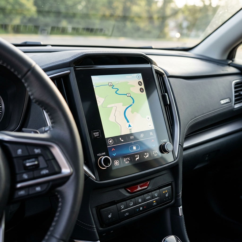 Modern car dashboard featuring a large vertical touchscreen display showing a GPS navigation map route. (Representative image for illustration purposes only. Actual vehicle may vary based on trim and configuration.)