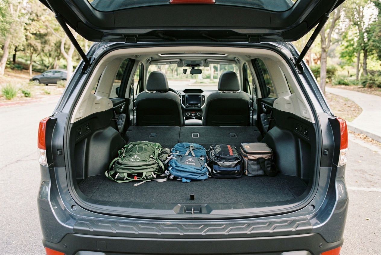 Open trunk of a dark SUV filled with four small backpacks and travel bags lined up on the cargo floor. (Representative image for illustration purposes only. Actual vehicle may vary based on trim and configuration.)
