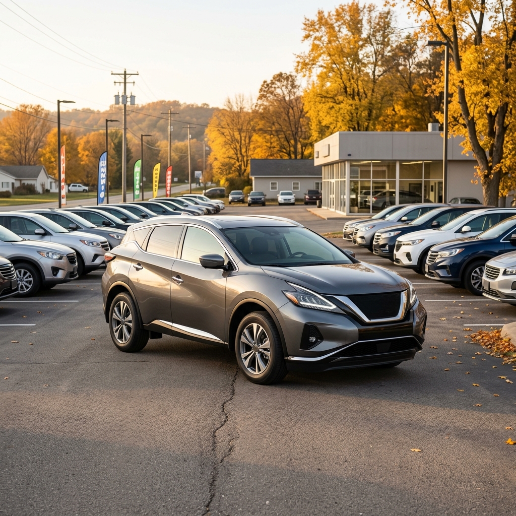 A grey crossover SUV parked prominently in a car dealership lot surrounded by autumn trees and other vehicles. (Representative image for illustration purposes only. Actual vehicle may vary based on trim and configuration.)