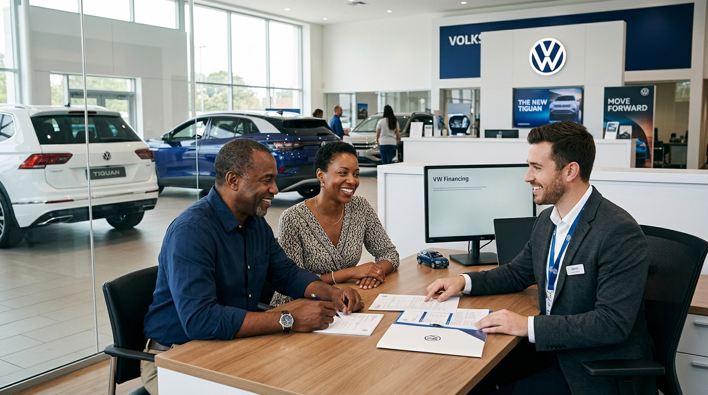 A smiling couple sitting at a desk in a Volkswagen dealership signing car financing documents with a representative. (Representative image for illustration purposes only. Actual vehicle may vary based on trim and configuration.)