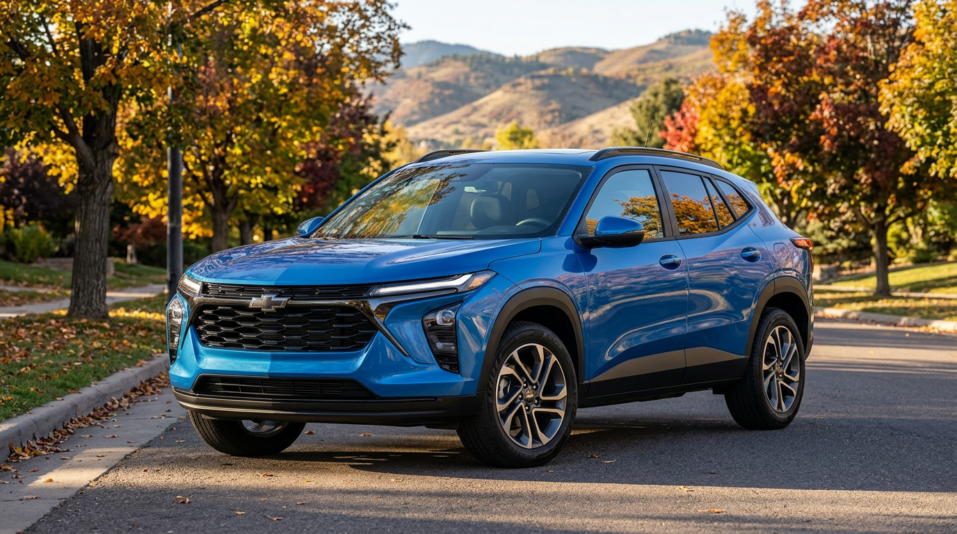 A bright blue Chevrolet SUV parked on a paved road lined with colorful autumn trees and distant hills. (Representative image for illustration purposes only. Actual vehicle may vary based on trim and configuration.)