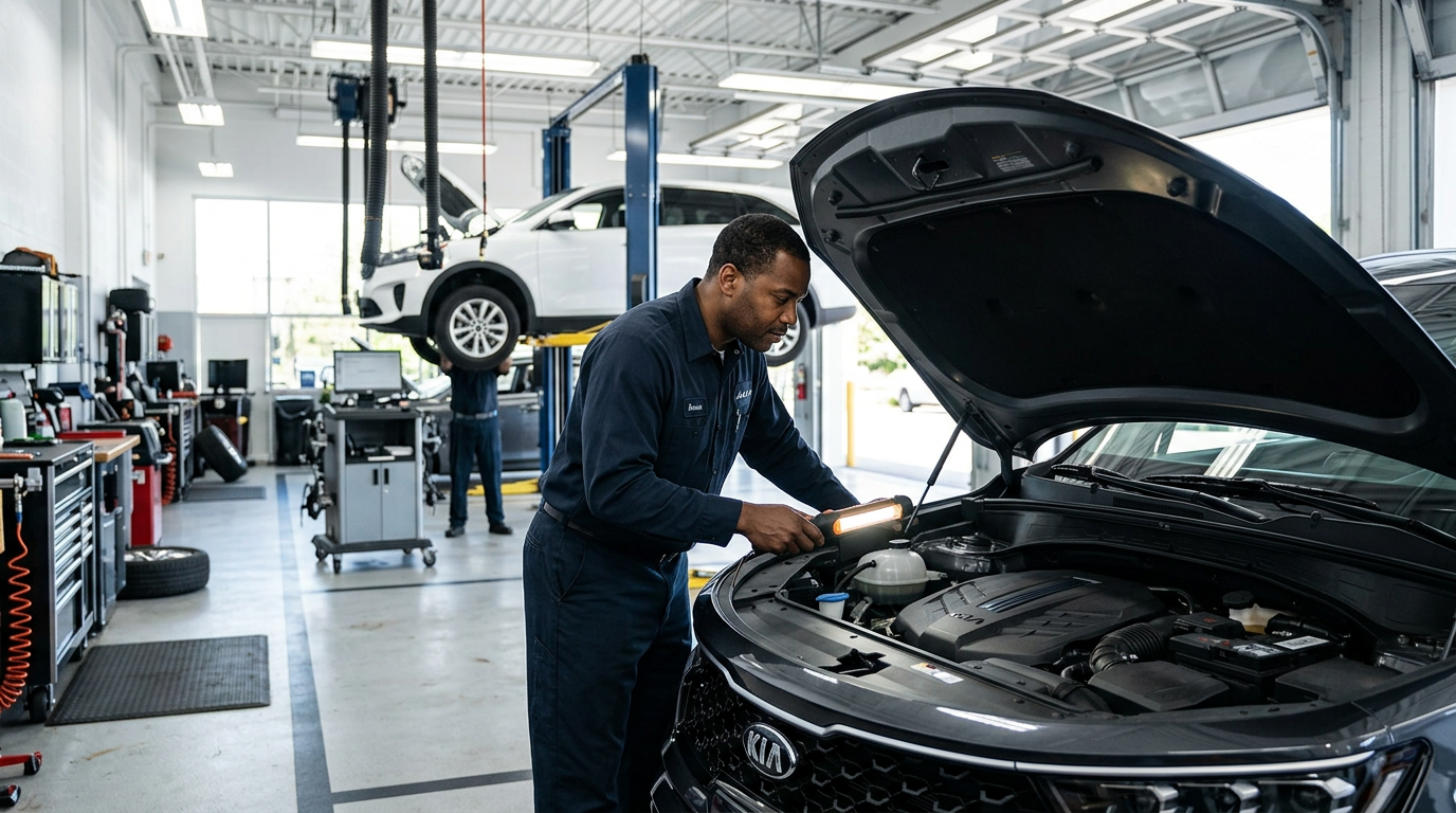 A mechanic using a work light to inspect the engine bay of a dark gray Kia car in a service bay. (Representative image for illustration purposes only. Actual vehicle may vary based on trim and configuration.)